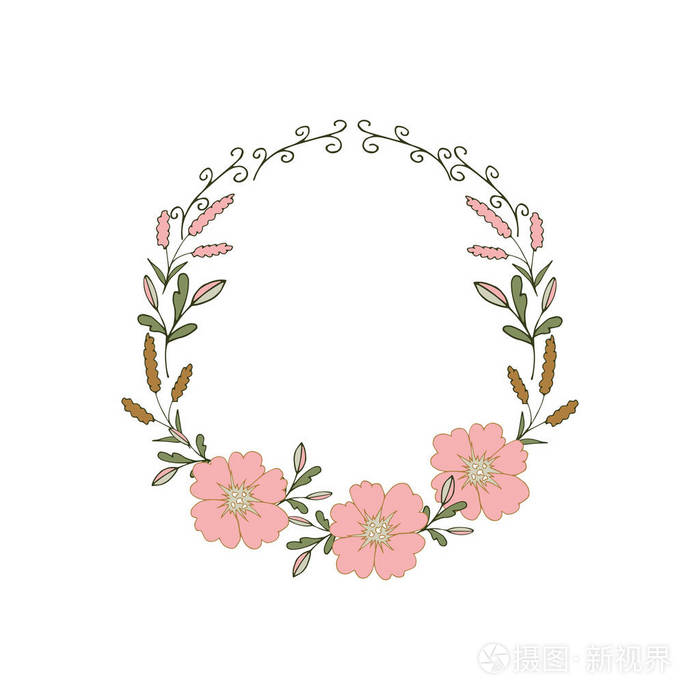 花圈(圆框)与花和叶手画模板. 设计邀请婚礼或贺卡. 矢量图.