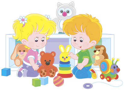 幼儿在卡通风格的幼儿矢量插图中玩彩色玩具