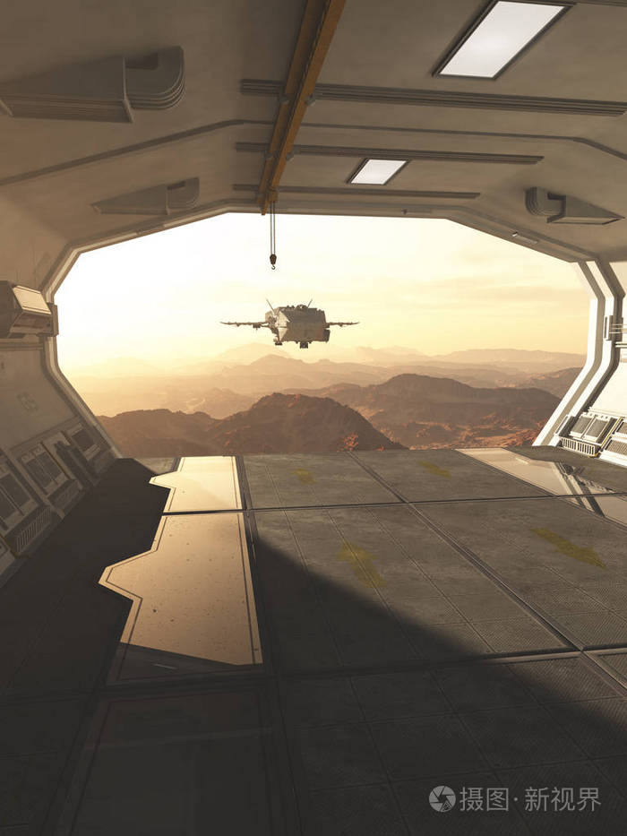 科幻小说一艘宇宙飞船降落在火星上的基地机库上,就像红色沙漠行星3d