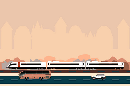 城市剪影背景下不同类型公共客运的矢量插图。 火车公共汽车在路上行驶。 信息目录信息旅游网站的概念。