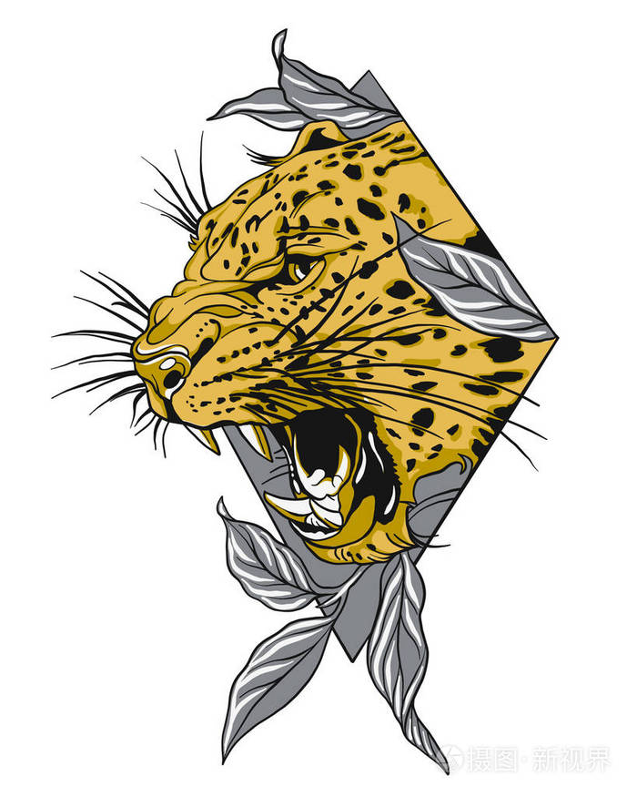 豹脸纹身. 美洲虎脸纹身. 愤怒的豹嘴.