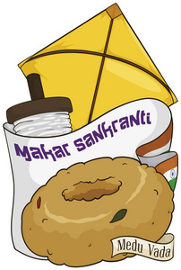 西米露海报传统元素庆祝makar sankranti:印度国旗风筝或帕唐与卷轴或