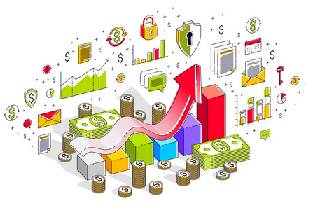 成功和收入增长概念增长图数栏与现金货币堆叠隔离在白色。 三维矢量业务等距插图与图标，统计图表和设计元素。