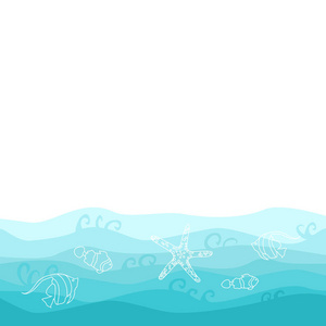 带鱼海星和波浪海洋的夏季卡片设计