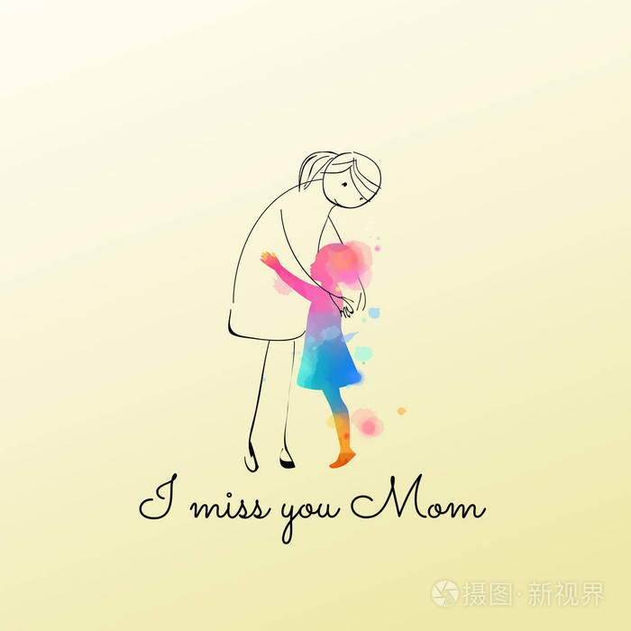 女孩拥抱的水彩想象妈妈女孩想念她的母亲