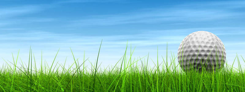 绿色，清新自然的草地，有高尔夫球和天空背景