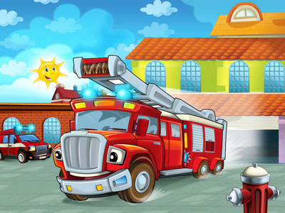 卡通消防车驶出消防站，为儿童表演不同的消防员车辆