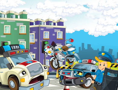 卡通场景，配有警车马达和警察巡逻，并为儿童提供救护车插图