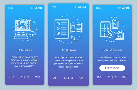 酒店在线预订登机移动应用程序页面屏幕矢量模板
