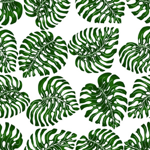 无缝图案的异国明亮的绿色怪物，叶子随机分散和孤立在一个透明的背景。 带有热带树叶的装饰形象。 矢量图。