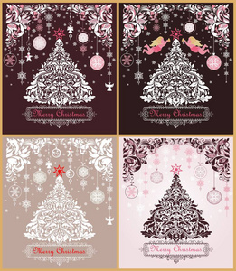 华丽的老式圣诞贺卡，甜卡，花装饰纸，剪边框，圣诞树，粉红色天使，悬挂装饰与雪花和姜饼