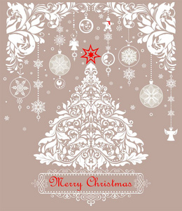 老式圣诞粉彩贺卡与剪纸圣诞节花白色树花装饰和悬挂装饰雪花姜饼和天使