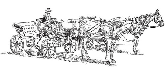 车轮上的铅笔矢量手绘插图马车与马车夫.