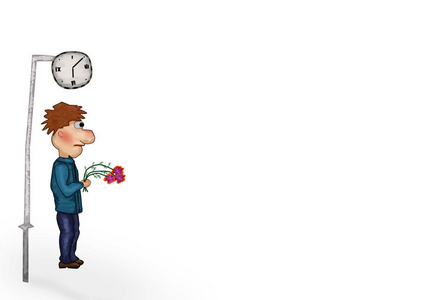 男人带着鲜花等待一个女孩的插图,男孩在时钟附近等待.