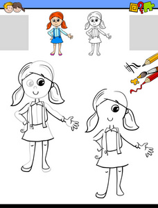 为有可爱女孩角色的儿童进行绘画和着色教育活动的卡通插图