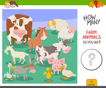 带有农场动物角色的学龄前儿童教育计数活动游戏卡通插图