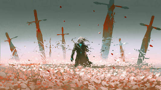 插插插图死亡骑士独自站在玫瑰场上,大把破剑插在地上,数字艺术风格