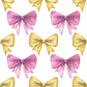 粉红色和黄色的蝴蝶结。无缝模式。手绘水彩例证