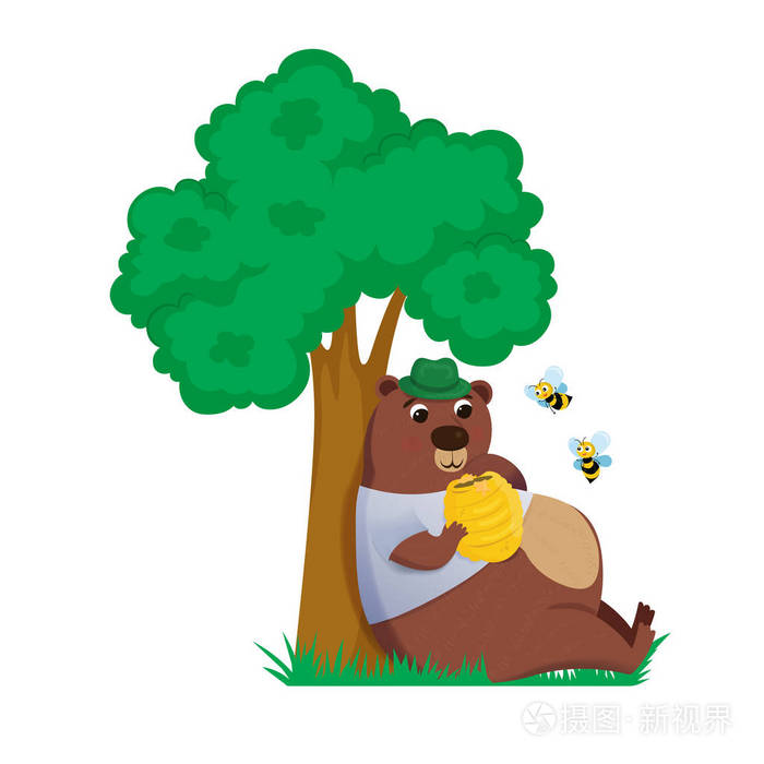 熊在树下与蜂巢和吃蜂蜜