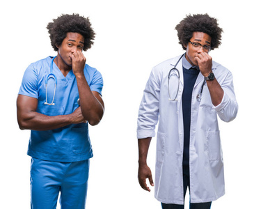 拼贴的非裔美国年轻外科医生护士医生男子在孤立的背景上看起来压力和紧张，双手咬嘴指甲。 焦虑问题。
