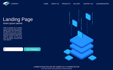 网站登陆页面矢量模板。 蓝色背景与数字技术等距概念插图。 网页横幅及应用设计