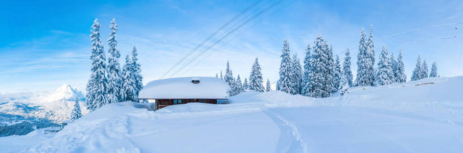 在奥地利蒂罗尔州的塞菲尔德，雪覆盖的树木和阿尔卑斯山的冬季景观的广泛全景。 奥地利冬季