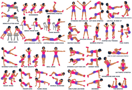 体育锻炼。 女人做运动的剪影。 锻炼训练矢量插图。 跳跃千斤顶仰卧起坐仰卧起坐仰卧起坐等