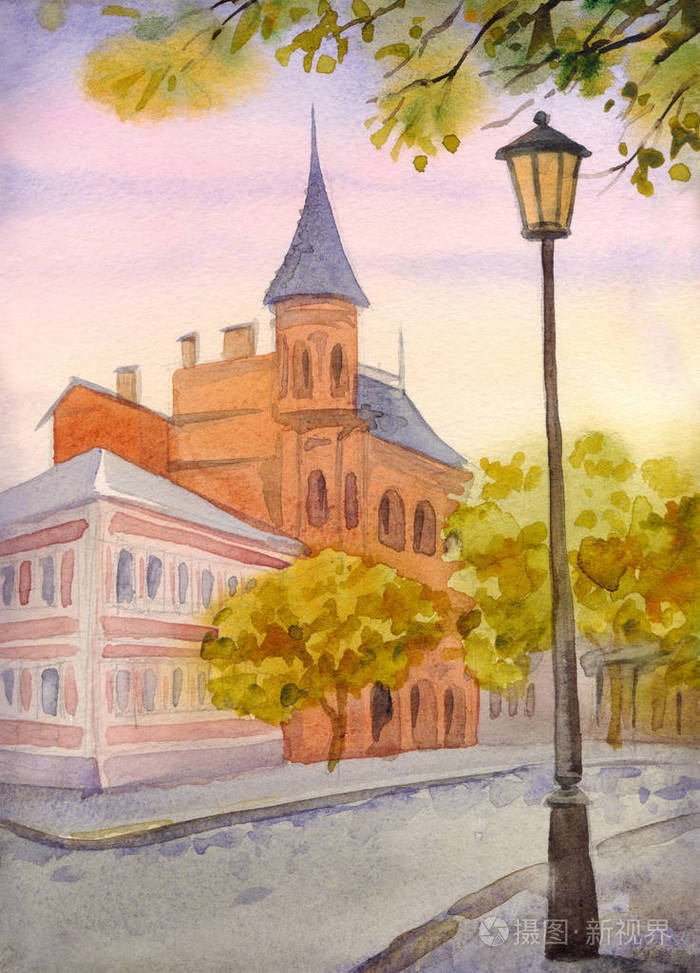 明亮的手绘水彩宗教旅行日出风景纸上的空间为文本.