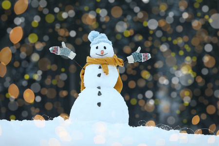 可爱的微笑雪人和模糊的圣诞灯背景户外。 冬季