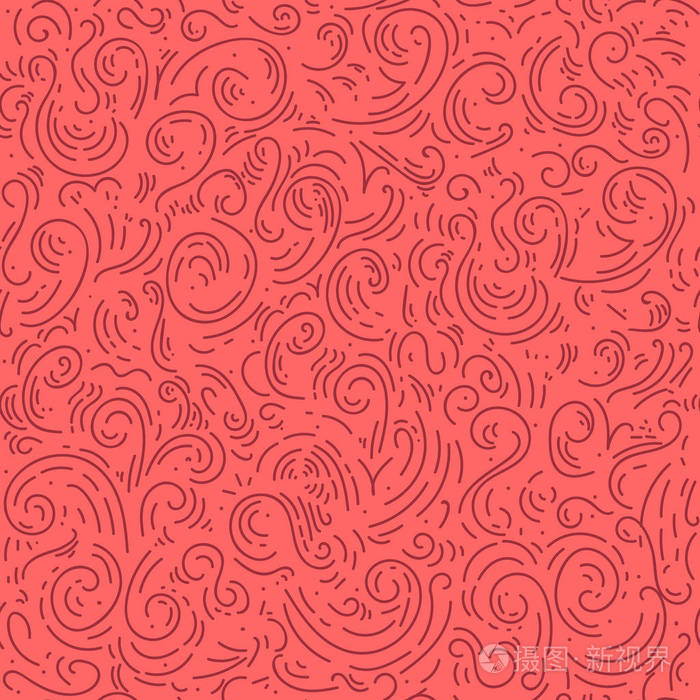 红色抽象涂鸦手绘图案, 混乱波浪线, 卷曲, 滚动背景.