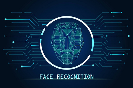 具有三维人脸和技术背景的面部识别概念照片