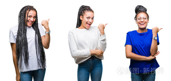 拼贴美丽的辫子非洲裔美国妇女在孤立的背景上微笑，快乐的脸，看和指向一边与拇指向上。