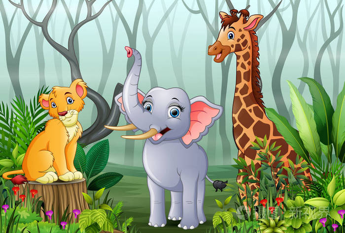 雾中看森林的卡通动物