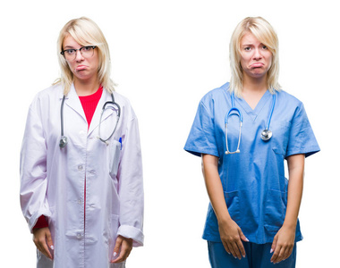 整理医生和护士妇女在白色孤立的背景下抑郁和担心痛苦，哭泣，愤怒和害怕。 悲伤的表情。
