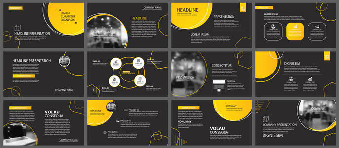 演示文稿和幻灯片布局背景。设计黄黑圈模板..用于商业年报，传单，营销，传单，广告，小册子，现代风格。