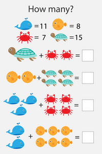 儿童与海洋动物进行多少次计数游戏，发展逻辑思维的教育数学任务，学前工作表活动，计数并写出结果，向量