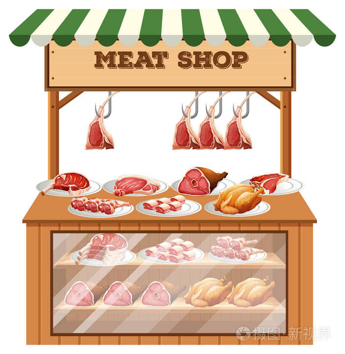 白色背景插图的肉摊