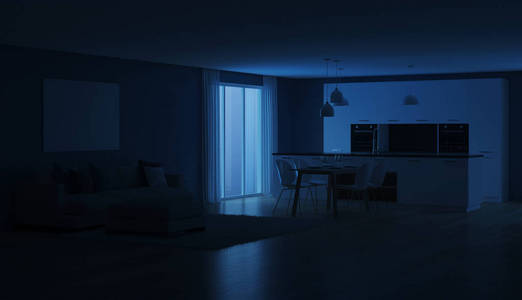 现代住宅内部。 晚安。 晚上的灯光。 三维渲染。