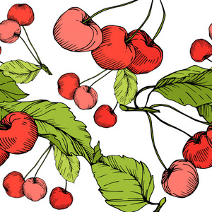 向量樱桃果子在白色背景。绿叶。红色和绿色雕刻水墨艺术。无缝的背景模式