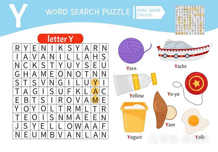 单词益智儿童教育游戏. 学习词汇. 字母y上的卡通物体