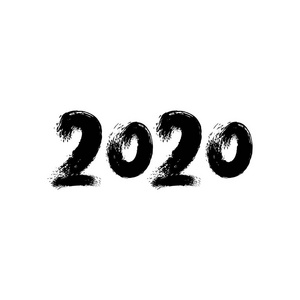 2020手写刻字。黑色丙烯酸数字。2020年 快乐新年贺卡 与笔触