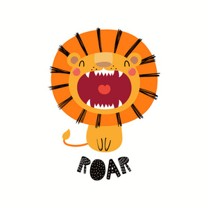 手绘矢量插图可爱有趣的狮子张开嘴和刻字报价咆哮孤立在白色背景.