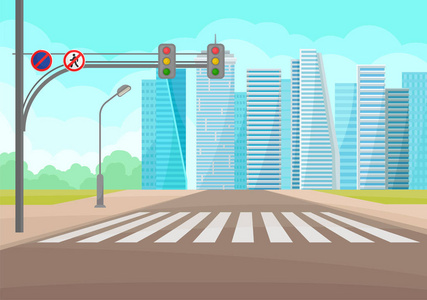 交通标志卡通城市景观与道路,人行横道,交通标志和灯光,高层建筑.