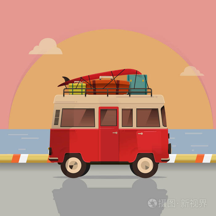 老式旅行车. 旧的经典露营小型货车. 复古嬉皮巴士. 景观自然. 艺术.