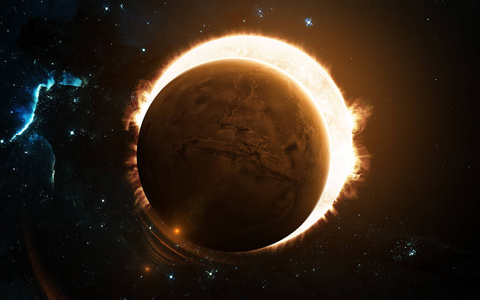 红色的行星, 遮挡太阳. 火星, 太阳系。科幻小说艺术。图像的元素由美国宇航局提供