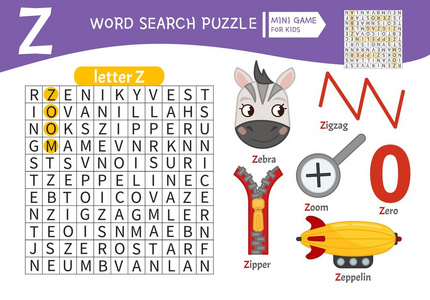 单词益智儿童教育游戏. 学习词汇. 字母z上的卡通物体照片