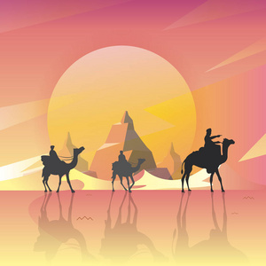 矢量插图骆驼在沙漠中的夜晚月亮与山的伟大风景。 艺术。 大自然。 背景