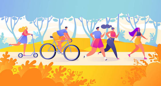 健康生活方式主题的平面卡通潮流矢量插图。 活跃的人运动。 哈克斯骑自行车夫妇跑女人在推滑板车女人骑在滚筒在公园里。