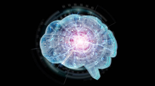 人工智能在数字大脑中的黑色背景三维渲染照片