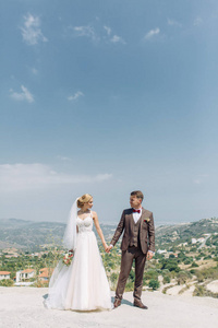 塞浦路斯日落时山里的新婚夫妇。 美丽的全景和幸福的夫妇。